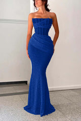 Burgundy Sleeveless Strapless Square Mermaid Prom Dress With Pleated