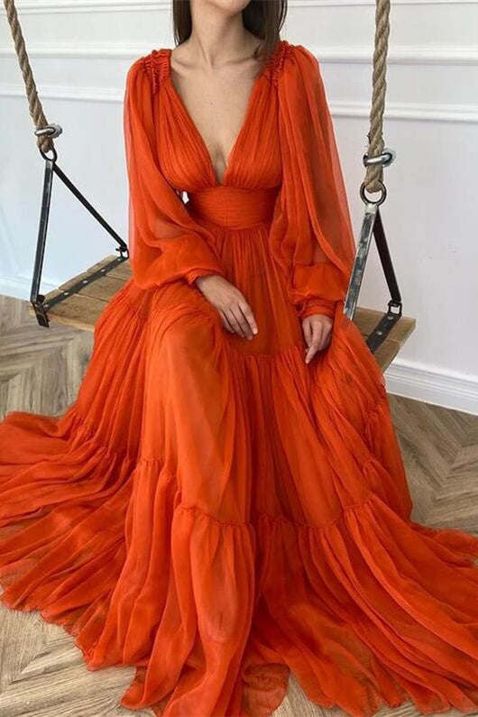 Elegant Deep V-Neck Long Sleeves Prom Dress Bubble Sleeves