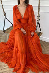 Elegant Deep V-Neck Long Sleeves Prom Dress Bubble Sleeves