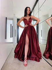 Burgundy Spaghetti-Straps Prom Dress With Slit