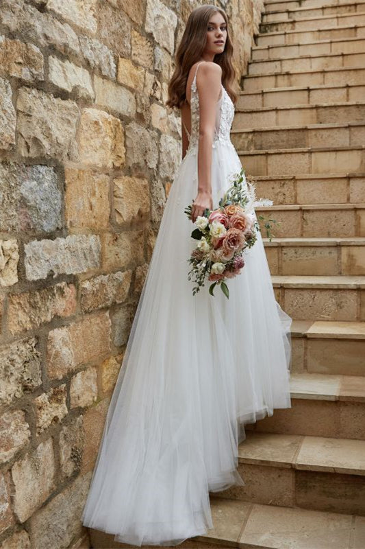 A-Line Lace Wedding Dress with Spaghetti Straps and Tulle
