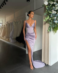 Blushing Pink Pleated Prom Dress V Neck High Slit