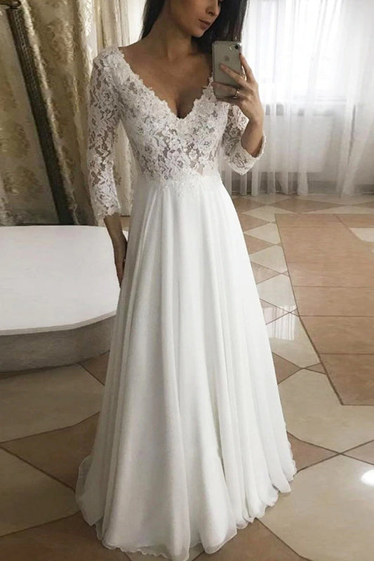 Elegant Floral V-neck Long Sleeve A-line Bridal Gown Featuring Lace