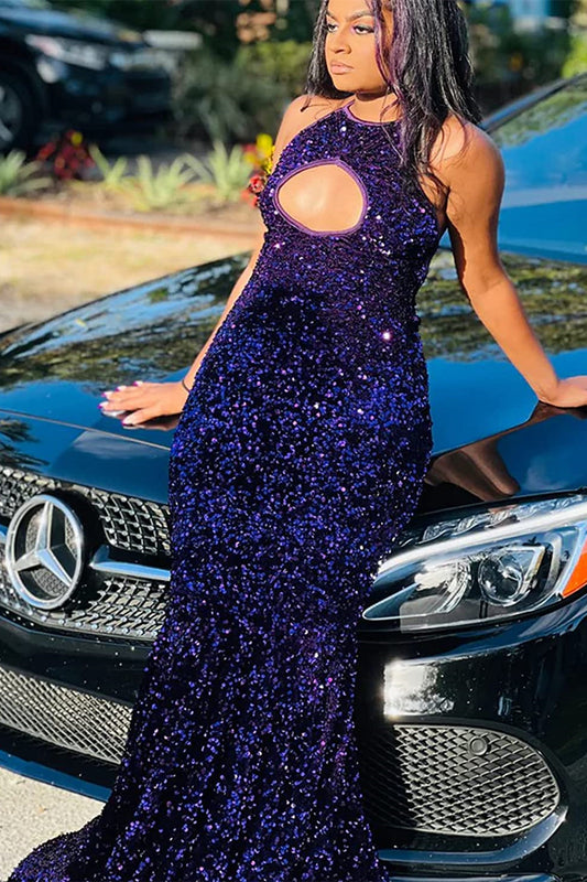 Modern Purple Halter Mermaid Prom Dress With Sequins Sleeveless