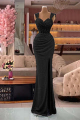  Glamorous Straps Sweetheart Mermaid Sequin Split Evening Dress with Pleats