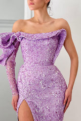 Gorgeous Lilac Long Sleeves Mermaid Prom Dress Sequins Split Off-the-Shoulder