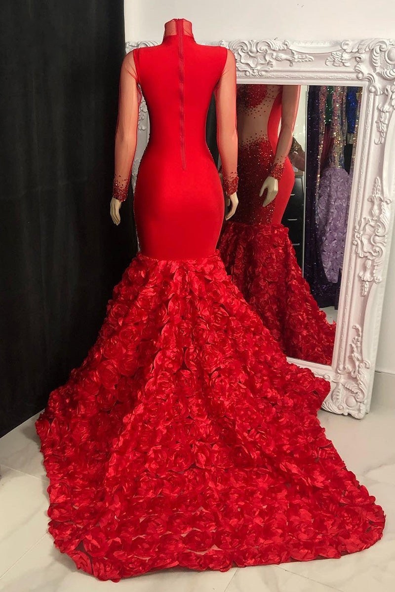 Chic High Neck Long Sleeves Mermaid Prom Dress Flowers Botton With Beads