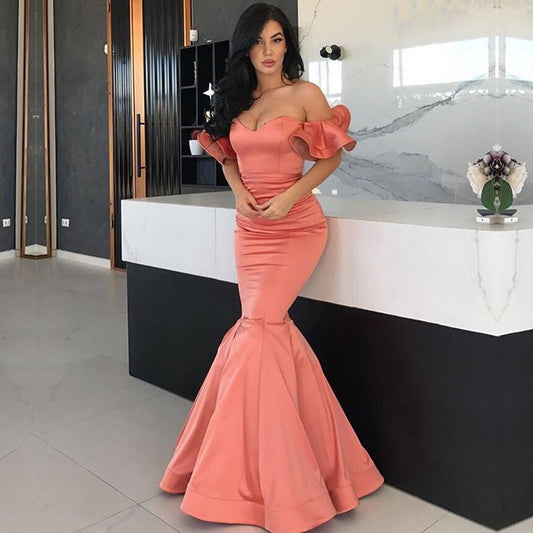 Amazing Coral Off-the-Shoulder Mermaid Prom Dress Long