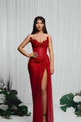 Gorgeous Red V-Neck Sequin Mermaid Prom Dress Sleeveless High Split