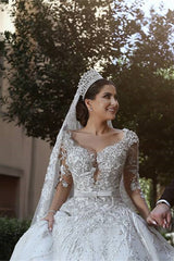 Wedding Dress with Long Sleeves, Beads, and Lace Appliques in a Ball Gown Style