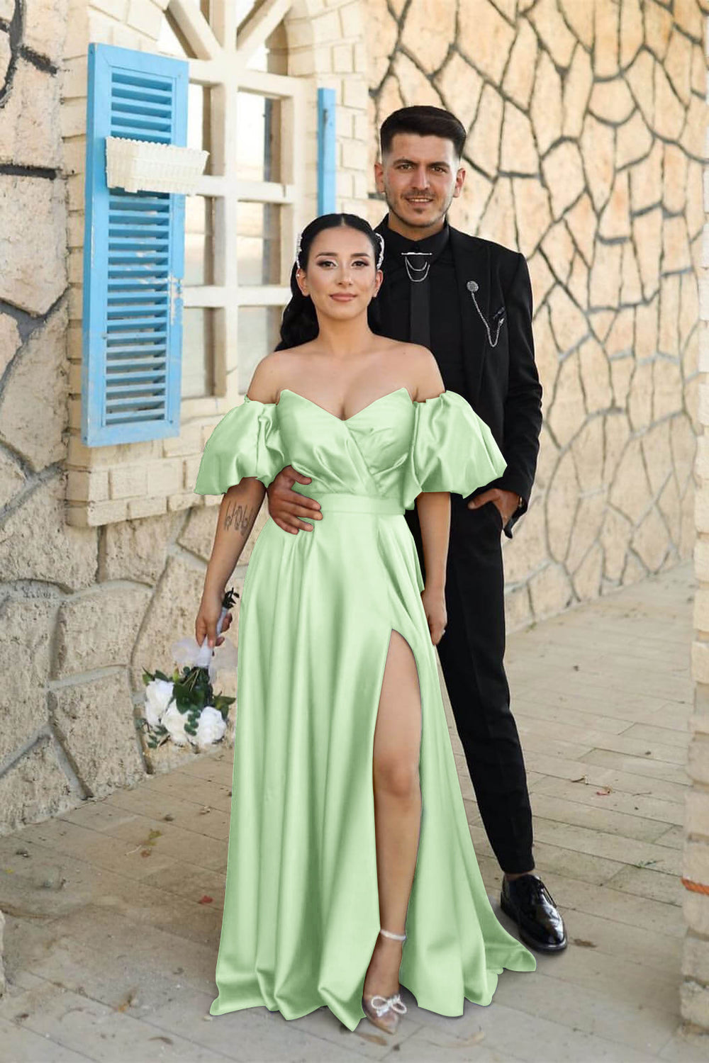 Dusty Blue Sweetheart Off-the-Shoulder Puff Sleeves Evening Dress with Front Split