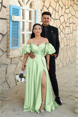 Dusty Blue Sweetheart Off-the-Shoulder Puff Sleeves Evening Dress with Front Split