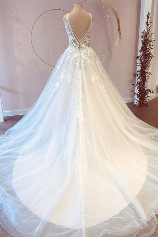 Sweetheart Princess Wedding Dresses with Long Lace and Tulle Appliques