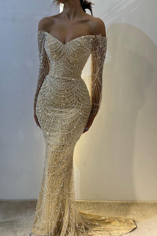 Stunning Off-the-Shoulder Long Sleeves Evening Prom Dress Mermaid Sequins Beadings With Pearls