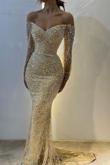 Stunning Off-the-Shoulder Long Sleeves Evening Prom Dress Mermaid Sequins Beadings With Pearls