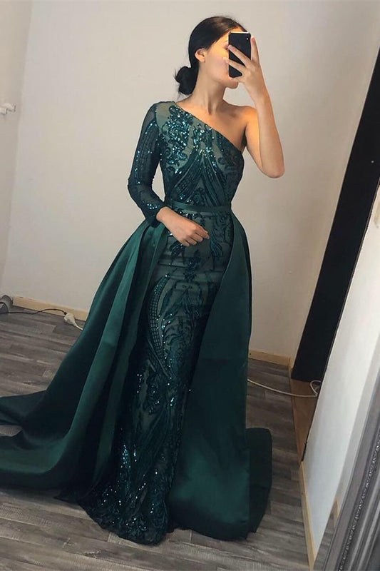 Chic Dark Green One Shoulder Long Sleeve Mermaid Prom Dress Sequins With Overskirt