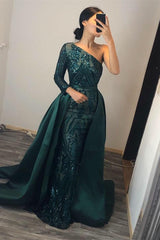 Chic Dark Green One Shoulder Long Sleeve Mermaid Prom Dress Sequins With Overskirt