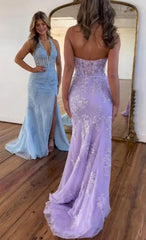 Blue Mermaid Prom Dress Halter V Neck with Split