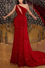 Gorgeous One Shoulder Sequins Prom Dress Long With Ruffles