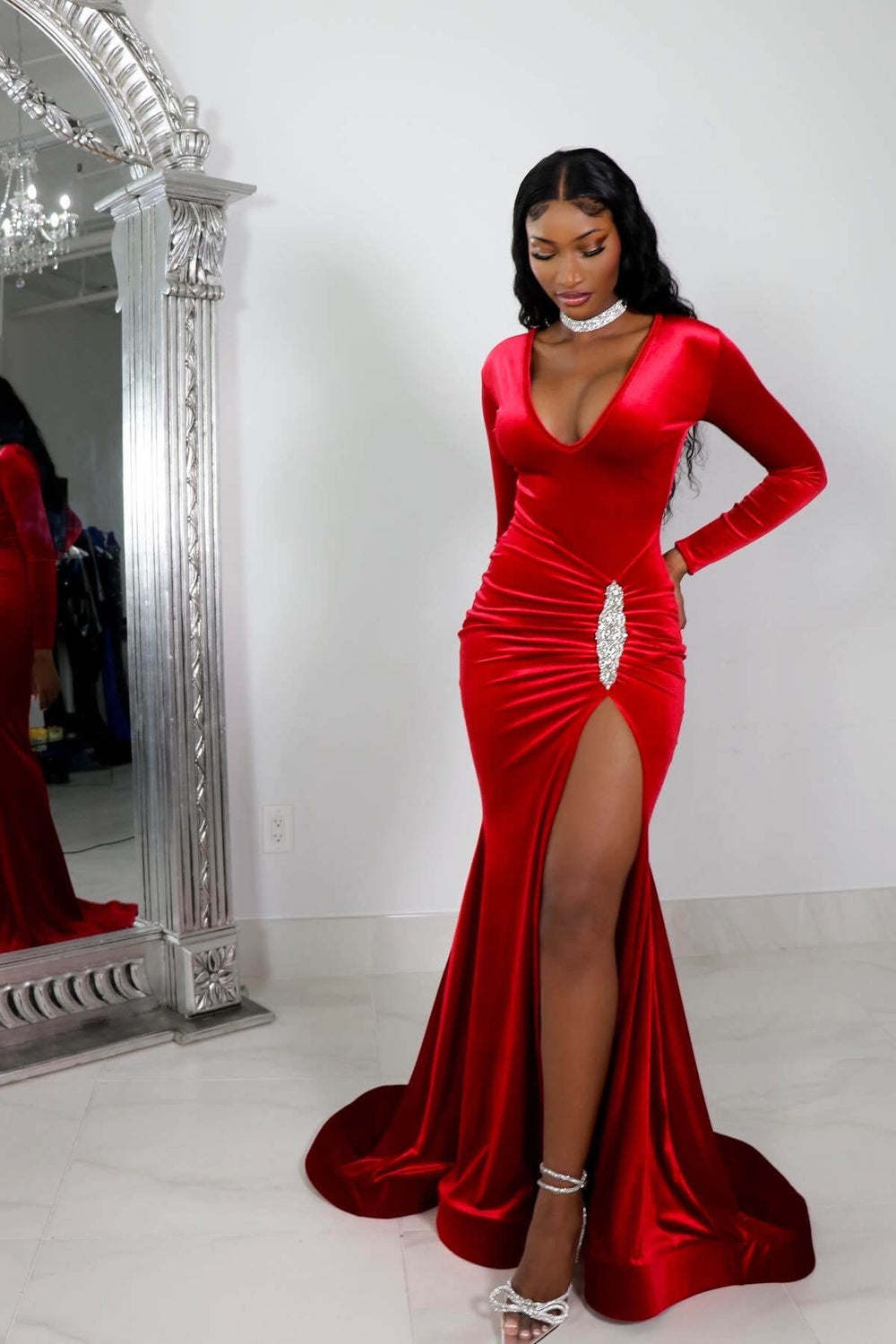 Red Prom Dress Long Sleeve Simple With High Slit Pleated