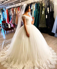 Off-the-shoulder Beaded Backless Wedding Gown with Elegant Floor-length Tassel Tulle