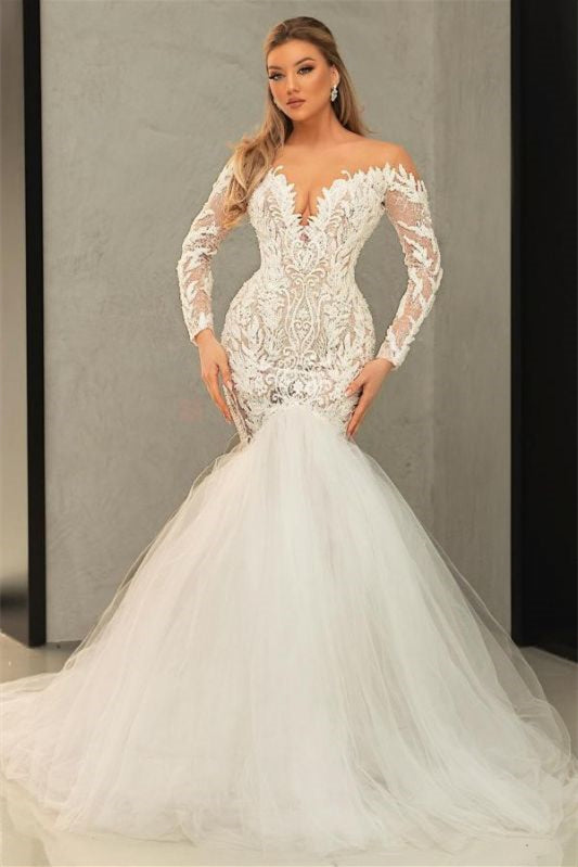 V-Neck Long Sleeve Mermaid Wedding Gown with Lace and Tulle
