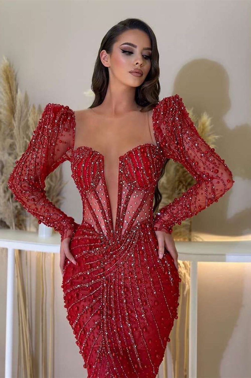 Gorgeous Red Deep V-Neck Long Sleeves Mermaid Prom Dress With Beaded Sequins