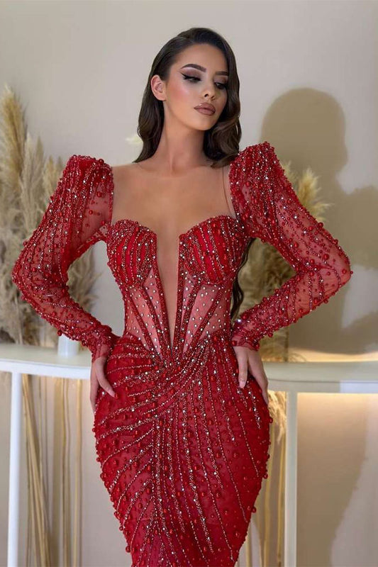 Gorgeous Red Deep V-Neck Long Sleeves Mermaid Prom Dress With Beaded Sequins