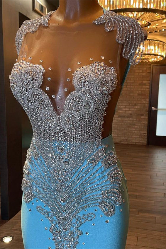 Classic Cap Sleeves Blue Prom Dress Mermaid With Crystals Online