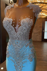Classic Cap Sleeves Blue Prom Dress Mermaid With Crystals Online