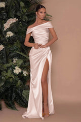 Champagne Off the Shoulder Charmeuse Prom Dress Split Mermaid