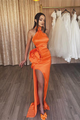 Chic Orange High Neck Sleeveless Prom Dress Mermaid Long With Split