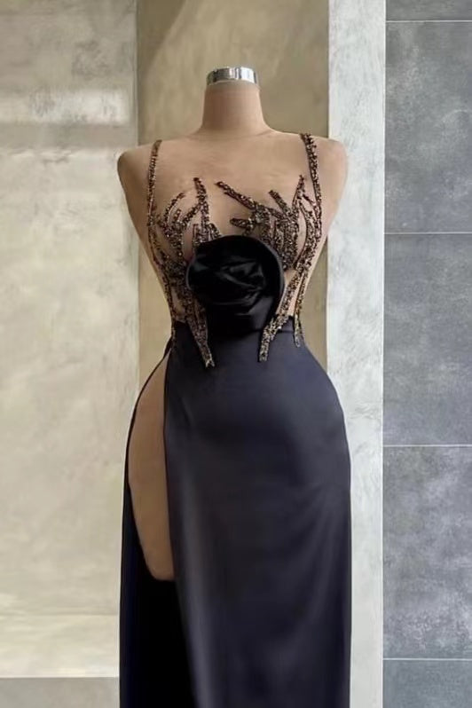 Black Spaghetti-Strap Beadings Sequins Mermaid Evening Dress with Slit