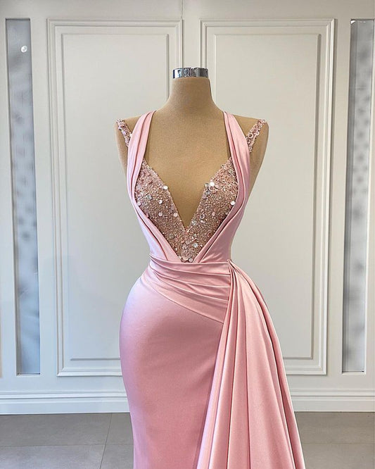 Charming Pink Halter Mermaid Prom Dress Sleeveless V-Neck Ruffles With Sequins