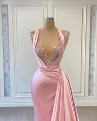 Charming Pink Halter Mermaid Prom Dress Sleeveless V-Neck Ruffles With Sequins
