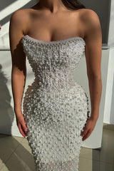 Modern White Strapless Pearls Long Prom Dress Mermaid Online