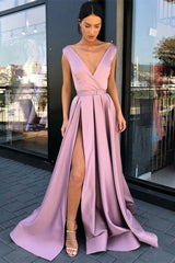 Modern V-Neck High Split Long Prom Dress Sleeveless