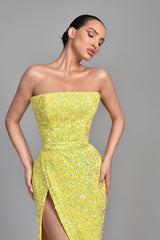 Modern Yellow Strapless Sleeveless Mermaid Prom Dress Sequins With Split