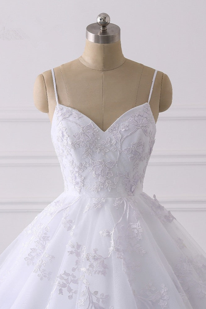 V-Neck Tulle Wedding Dress with Elegant Spaghetti-Straps and Lace Appliques