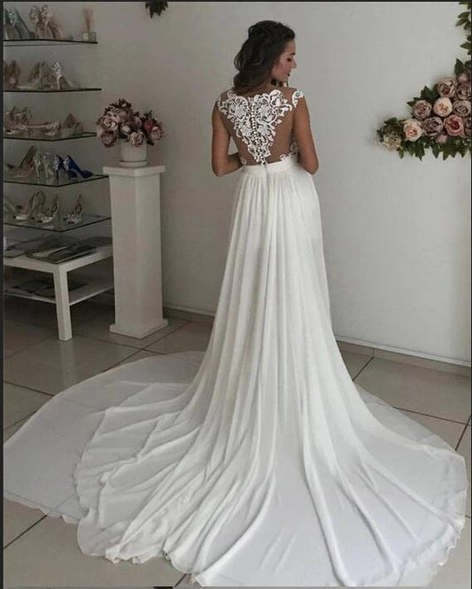 Elegant V-neck A-line Wedding Gown with Chiffon Lace and Side Slit