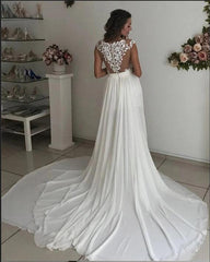 Elegant V-neck A-line Wedding Gown with Chiffon Lace and Side Slit