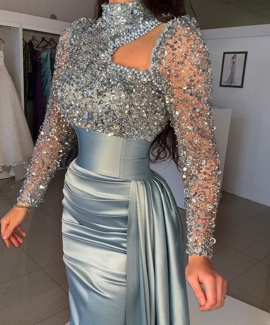 Stunning Dusty Blue Prom Dresses Long Sleeves Mermaid Split With Sequins
