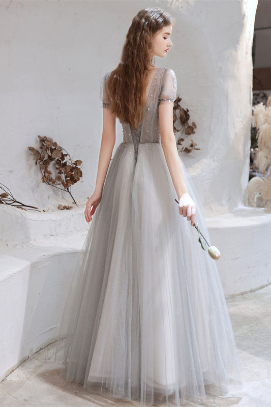Gorgeous Light Grey Short Sleeve Prom Dress Tulle Long With Beads