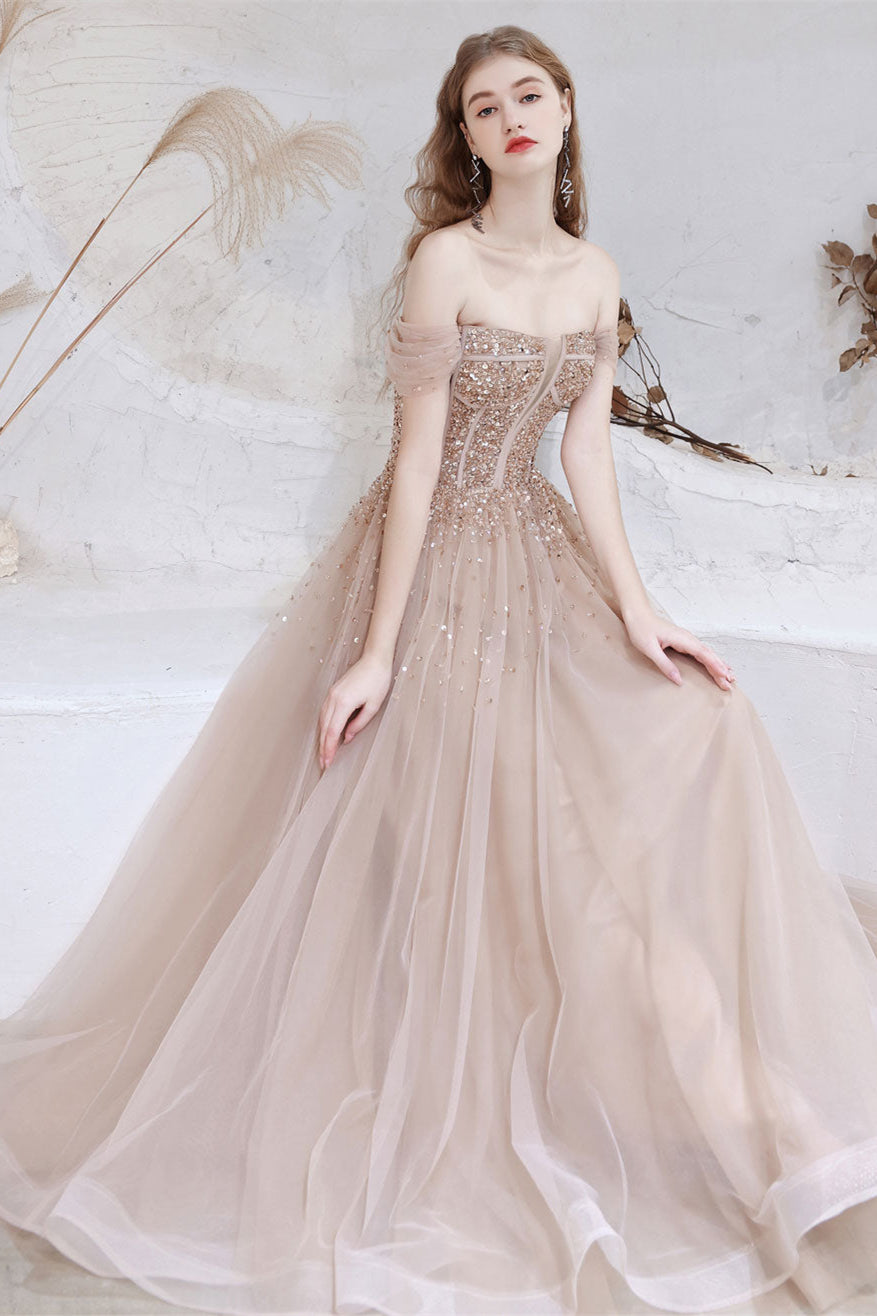 Gorgeous Off-the-Shoulder Tulle Prom Dress With Sequins Lace-Up