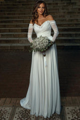 RjerStore A Line Off-the-shoulder Long Sleeve Strapless Prom Dresses