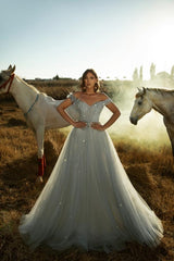 RjerStore A Line Sleeveless V-Neck Rhinestone Floor-Length Tulle Prom Dresses