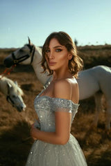 RjerStore A Line Sleeveless V-Neck Rhinestone Floor-Length Tulle Prom Dresses