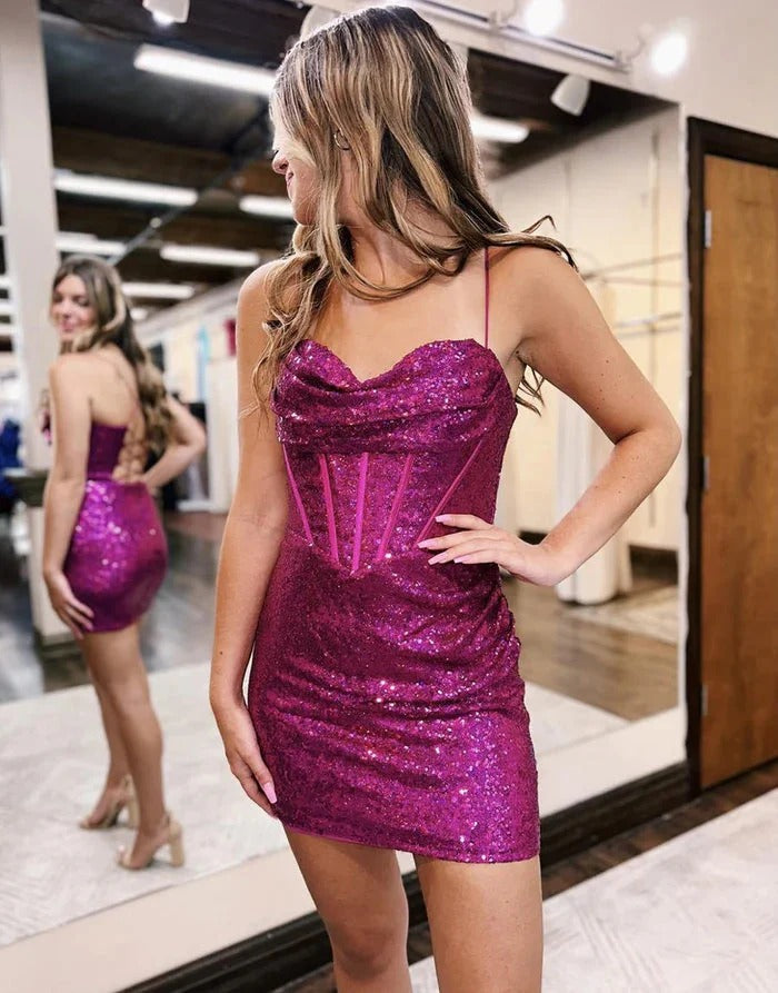 Sparkly Sequined Short Column Homecoming Gown Sweetheart Spaghetti Straps Sleeveless Open Back Prom Dresses