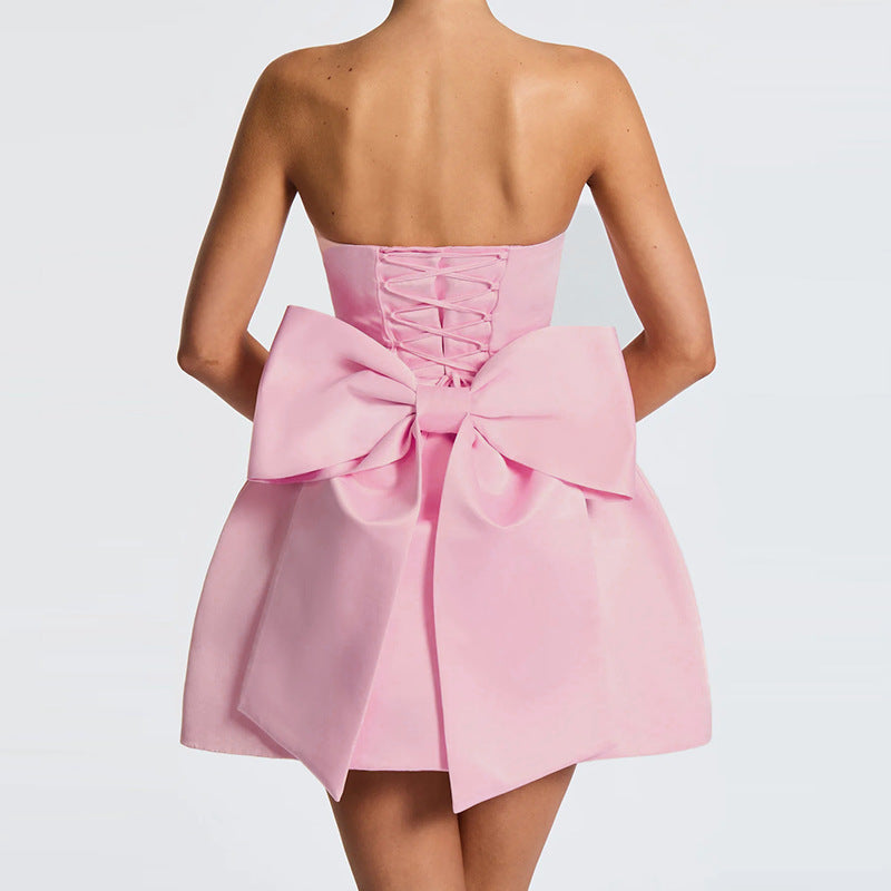 JY25204 tube top sexy backless bow satin dress short skirt women's European and American style cross-border temperament dress