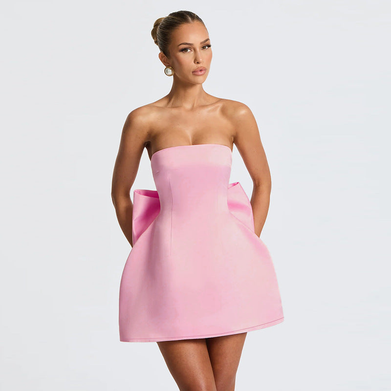 JY25204 tube top sexy backless bow satin dress short skirt women's European and American style cross-border temperament dress